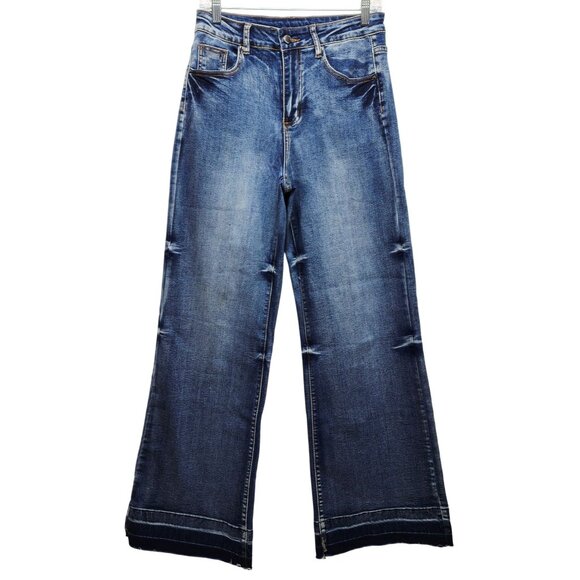 Wide-Leg Distressed Womens Denim Jeans By Roswear Size M - Picture 1 of 9